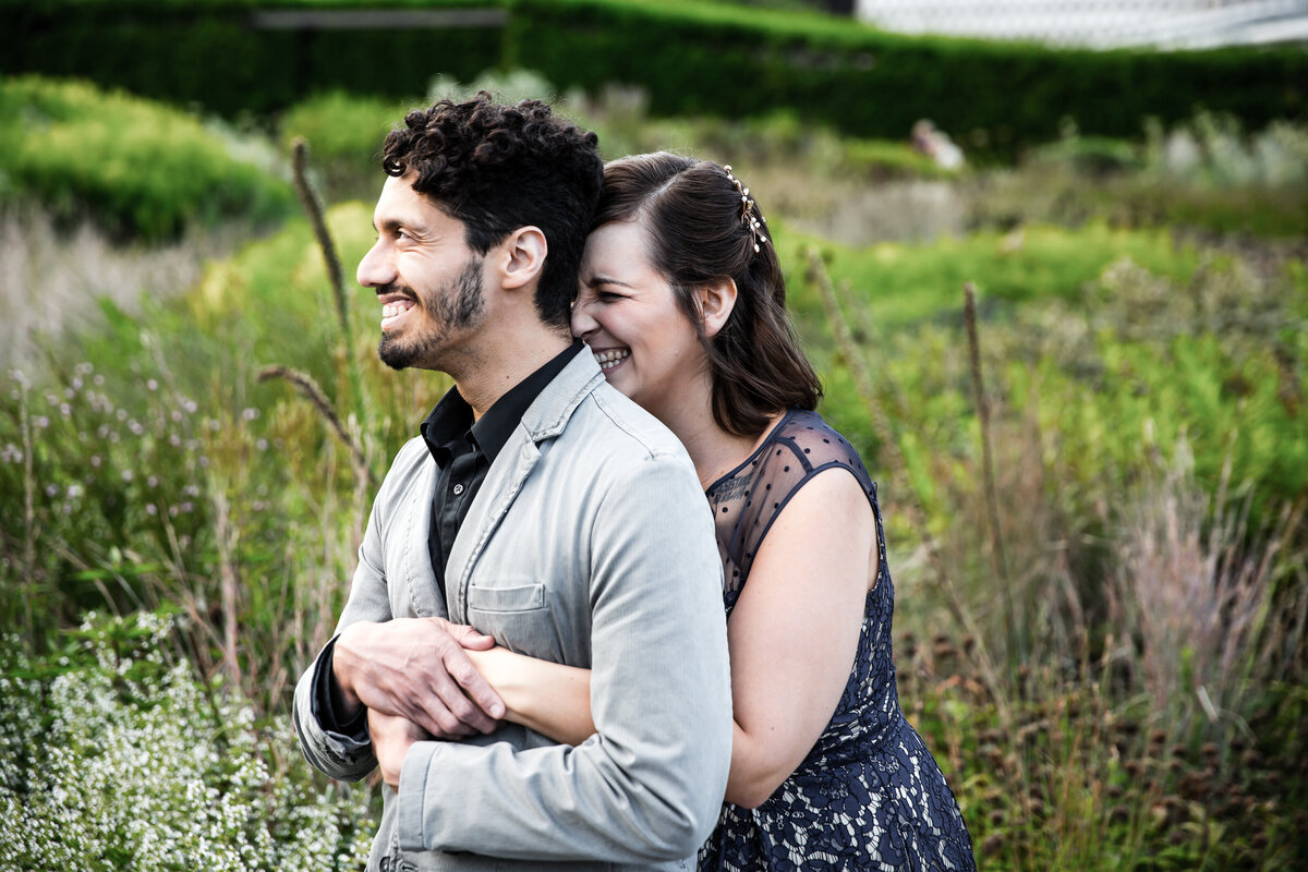 A creative engagement photo at the Lurie Garden in Chicago, IL