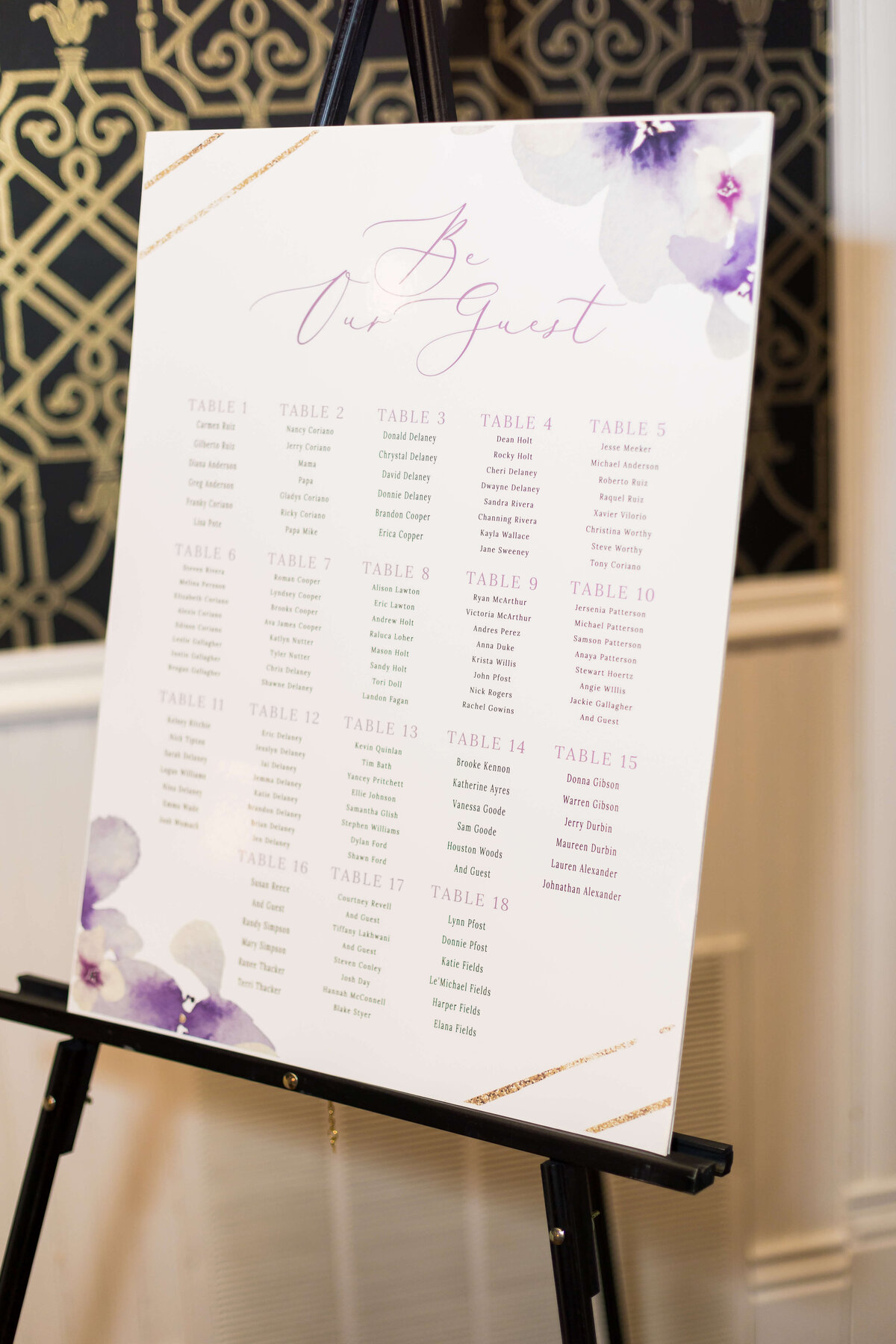 Seating chart at wedding at  The Gatsby in Shelbyville,KY