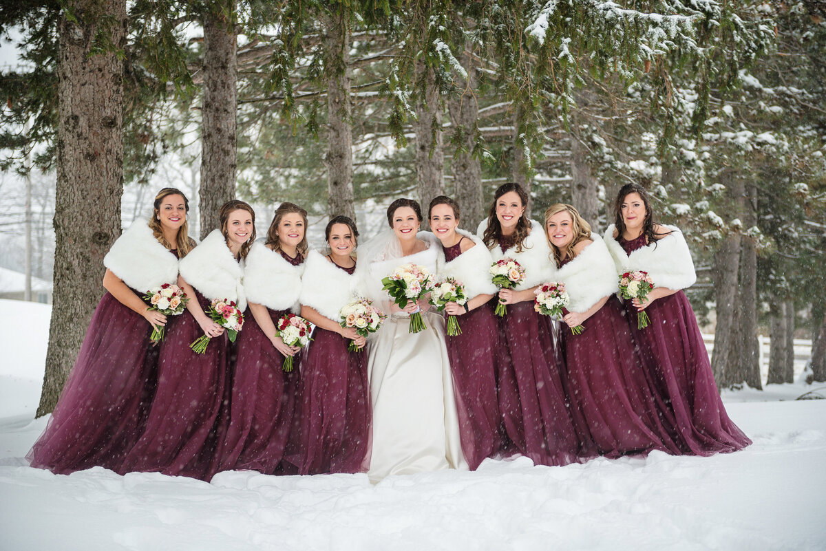 Bridesmaids in snow wearing shawls.