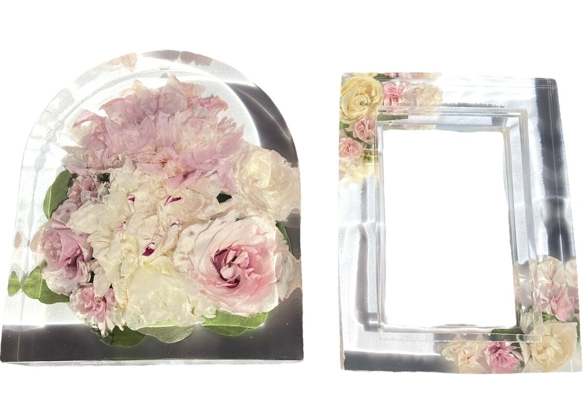 arch and frame resin blocks with bright pink and while wedding bouquet preserved as a timeless keepsake