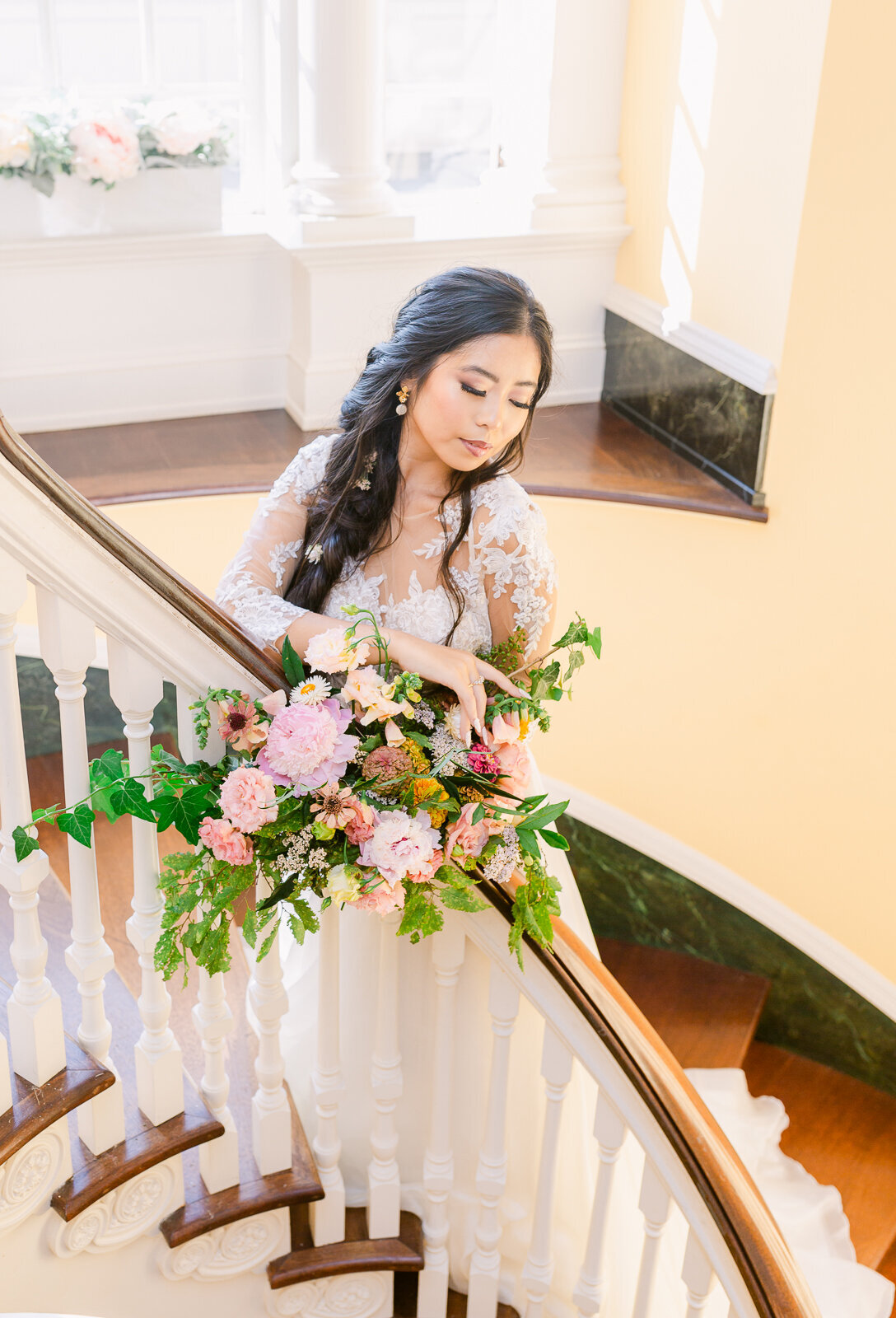 Bridal Portrait on the grand staircase at Great Marsh Estate in Bealeton, Virginia. Captured by Bethany Aubre Photography.