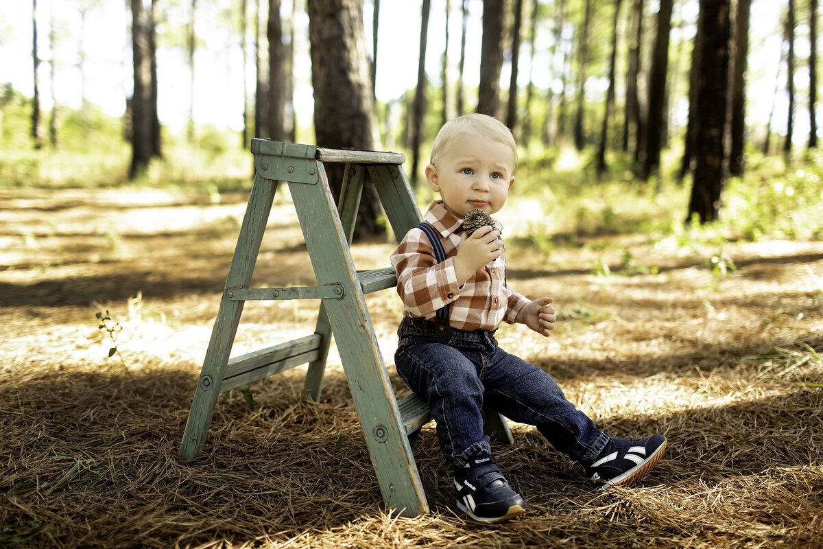 Birthday boy standing on a mini ladder in a forest of pine trees, smiling with excitement on his special day