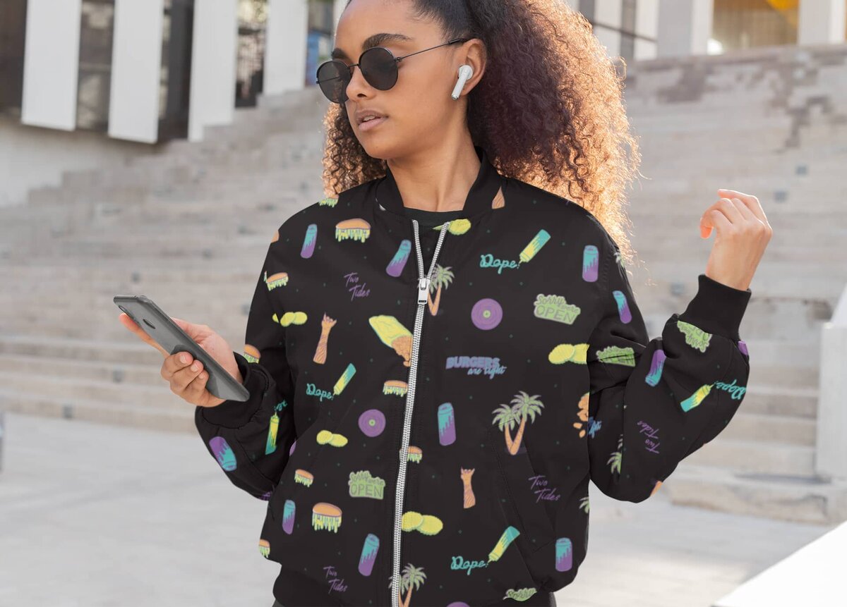 Crispi full-color brand pattern applied to a bomber jacket being worn by a Black female