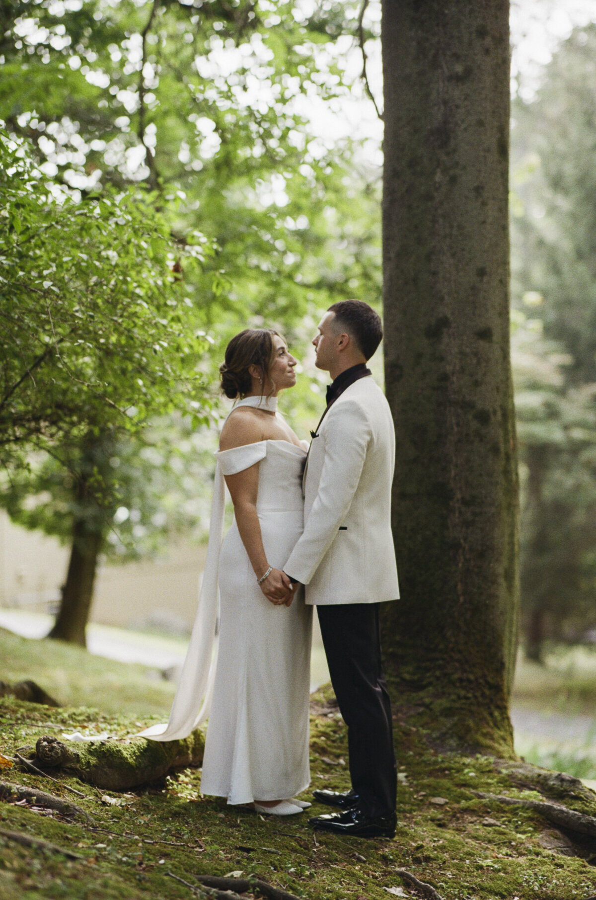 Romantic portrait of the couple at their Tarrytown House Estate wedding in the Hudson Valley shot on 35mm film