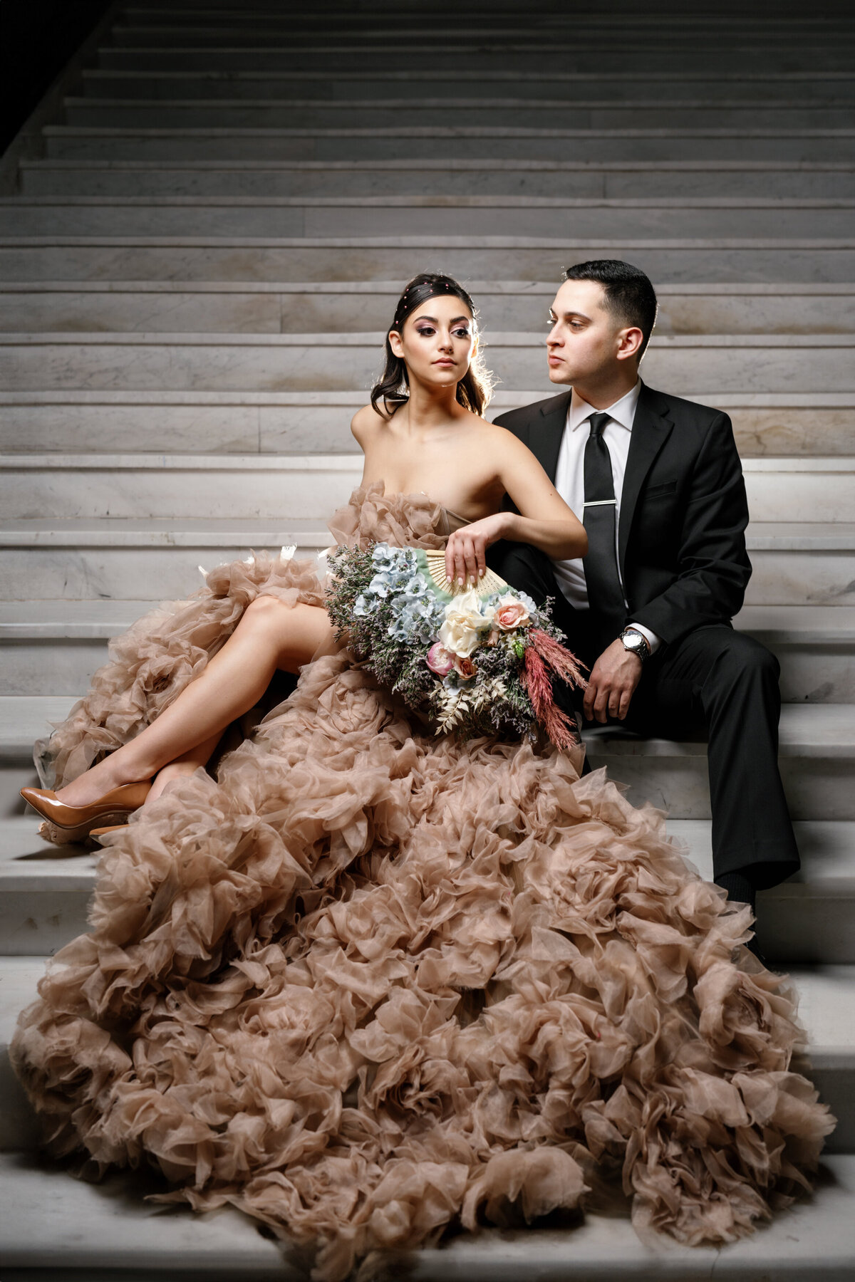 Aspen-Avenue-Chicago-Wedding-Photographer-Rookery-Engagement-Session-Histoircal-Stairs-Moody-Dramatic-Magazine-Unique-Gown-Stemming-From-Love-Emily-Rae-Bridal-Hair-FAV-49