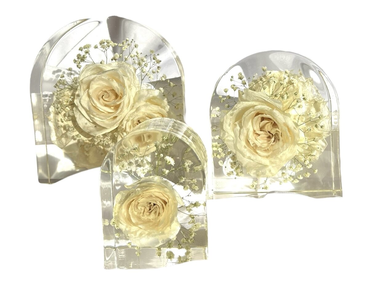 arch resin block with white  wedding bouquet preserved as a timeless keepsake