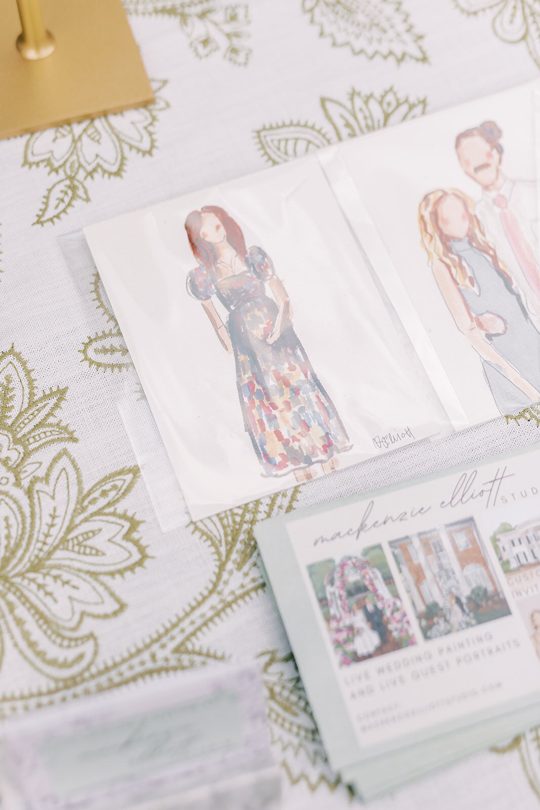 Hand-painted watercolor guest portrait created by a live artist during the wedding reception.