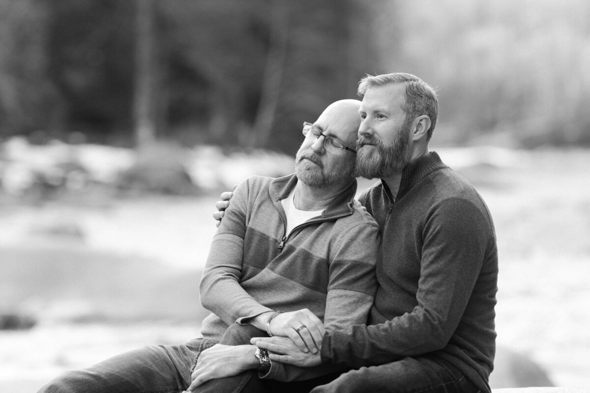 Romantic LGBTQ engagement photos in the mountains near Seattle WA photo by Joanna Monger Photography