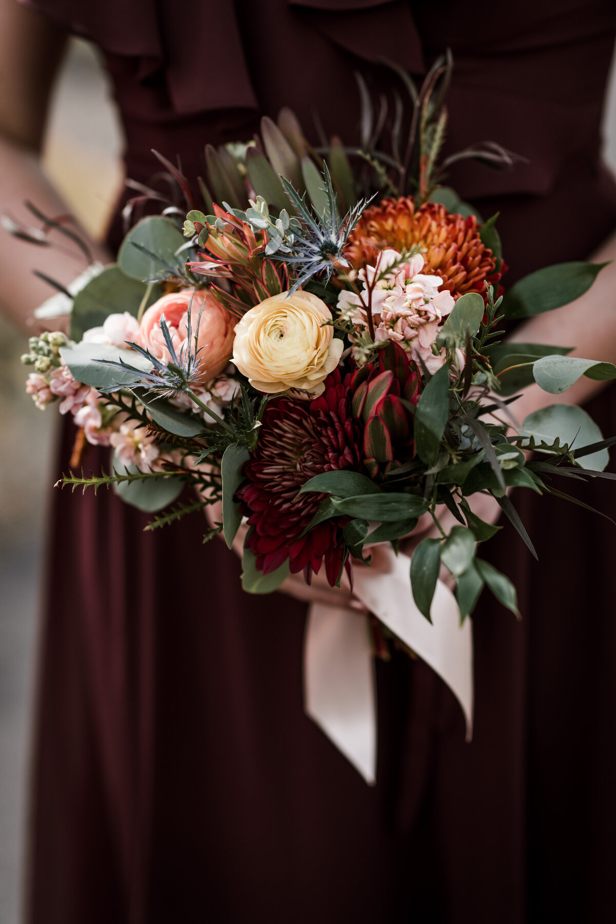 Moody fall bridesmaid bouquet with burgundy mum