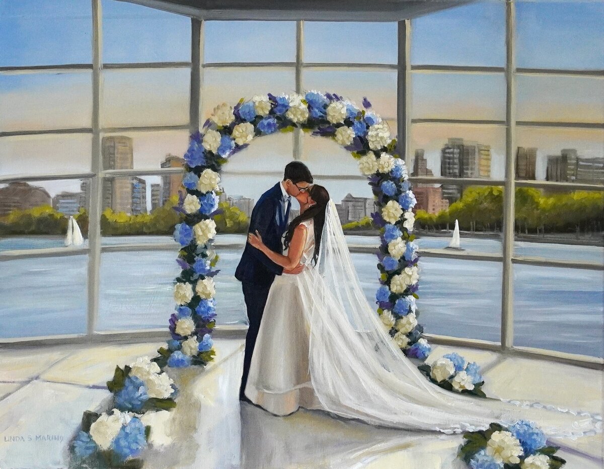 live wedding painting of bride and groom first dance in romantic setting