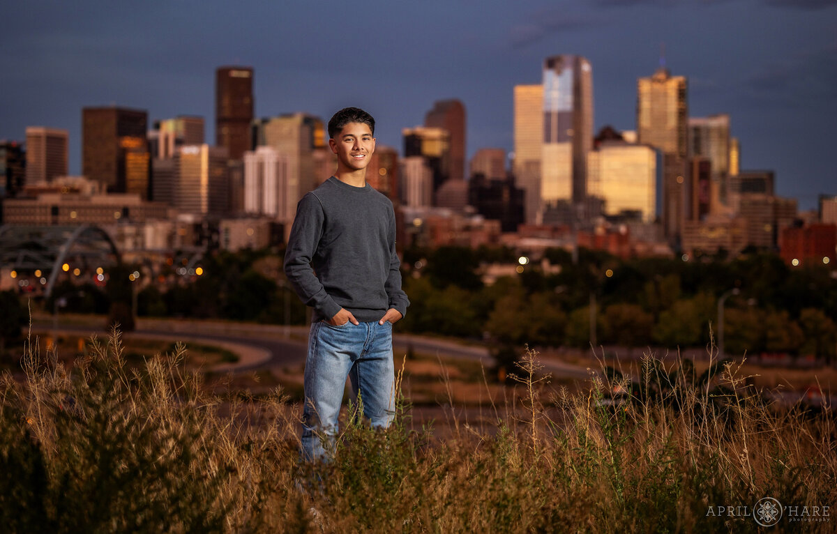 Downtown Denver Skyline Backdrop for High School Yearbook Photo in Colorado