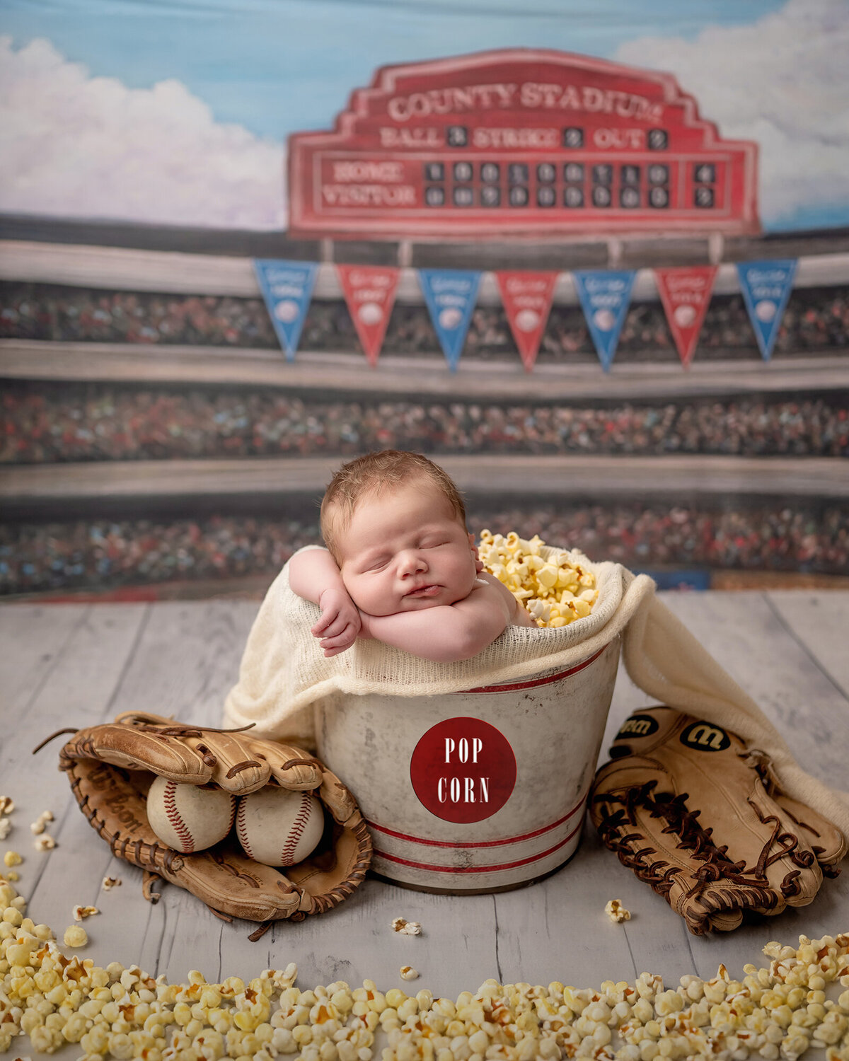 A newborn baby sleeps in a popcorn bucket at a baseball stadium with gloves and balls in the studio of an Iowa Newborn Photographer