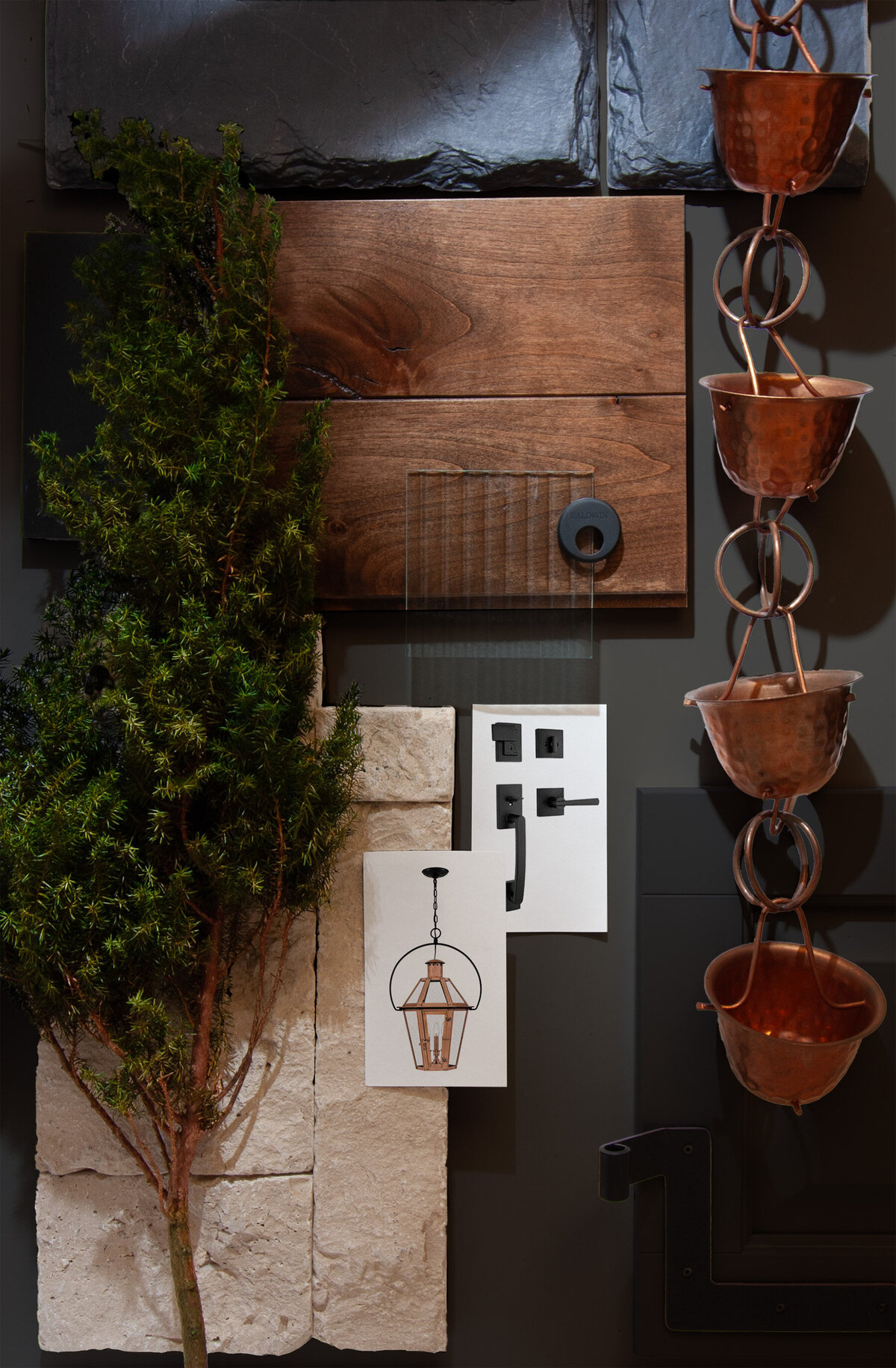 6 panel front door with rainwater privacy glass painted white surrounded by white siding and black lanterns 