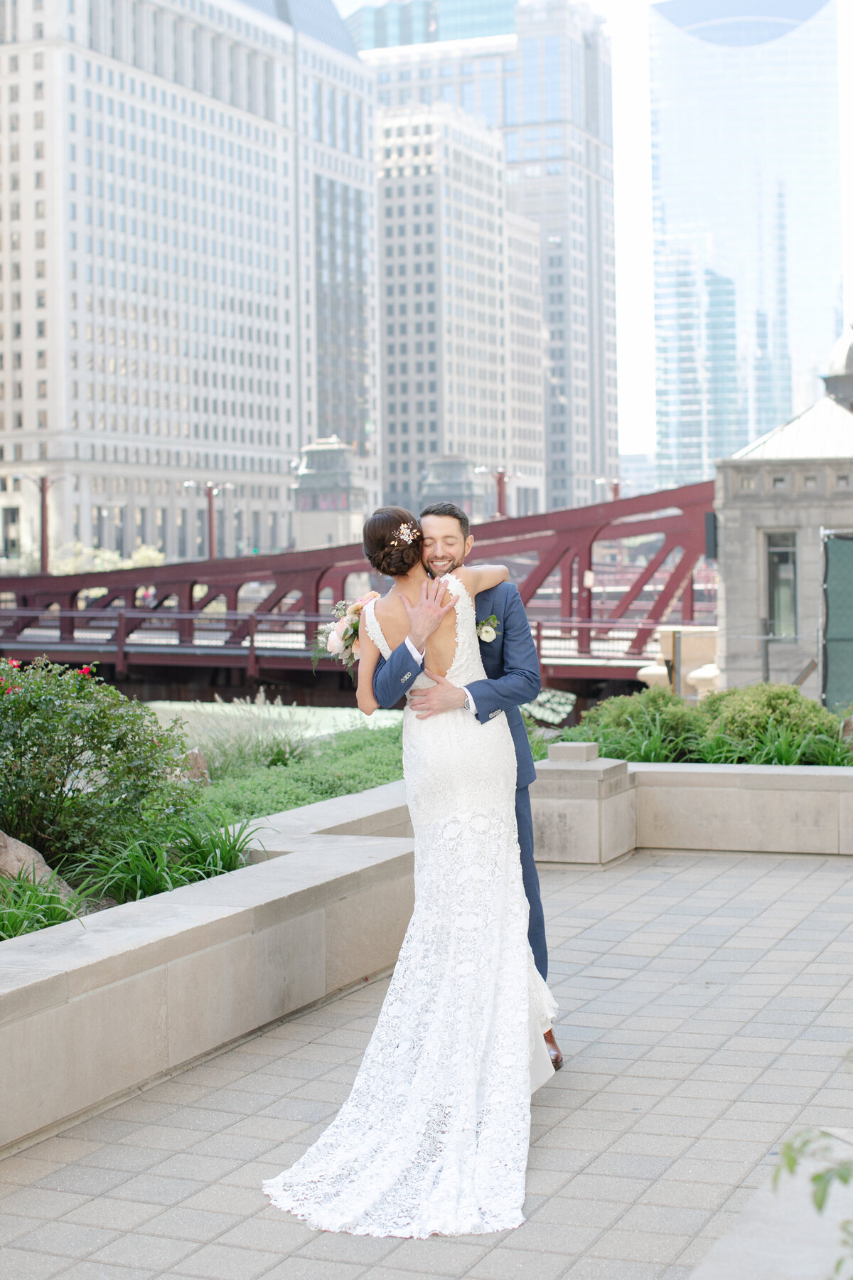 bride and groom first look at the Riverwalk in Chicago