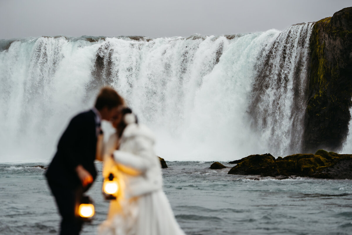 Couple eloping at Goðafoss Waterfall in Iceland
