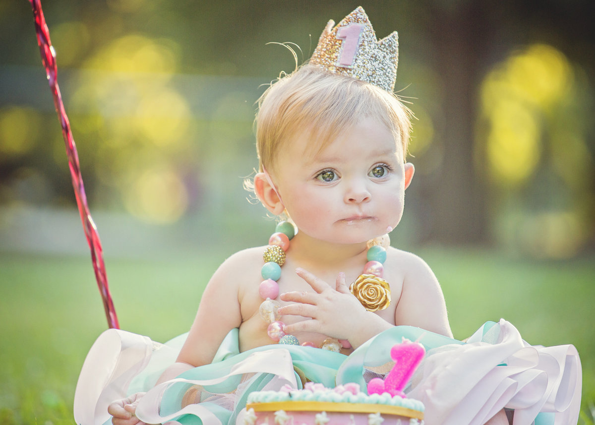 charlotte family photographer jamie lucido creates beautiful image of a one year old girl celebrating her birthday with a cake smash