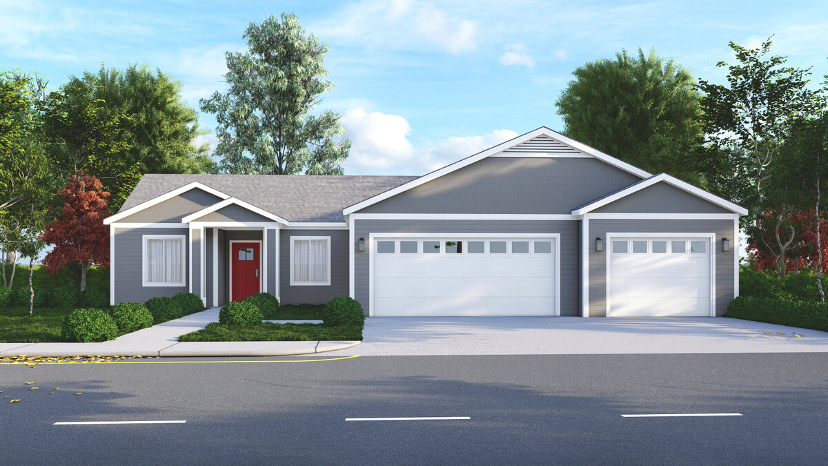 new gray house with red door white garage doors surrounded by trees