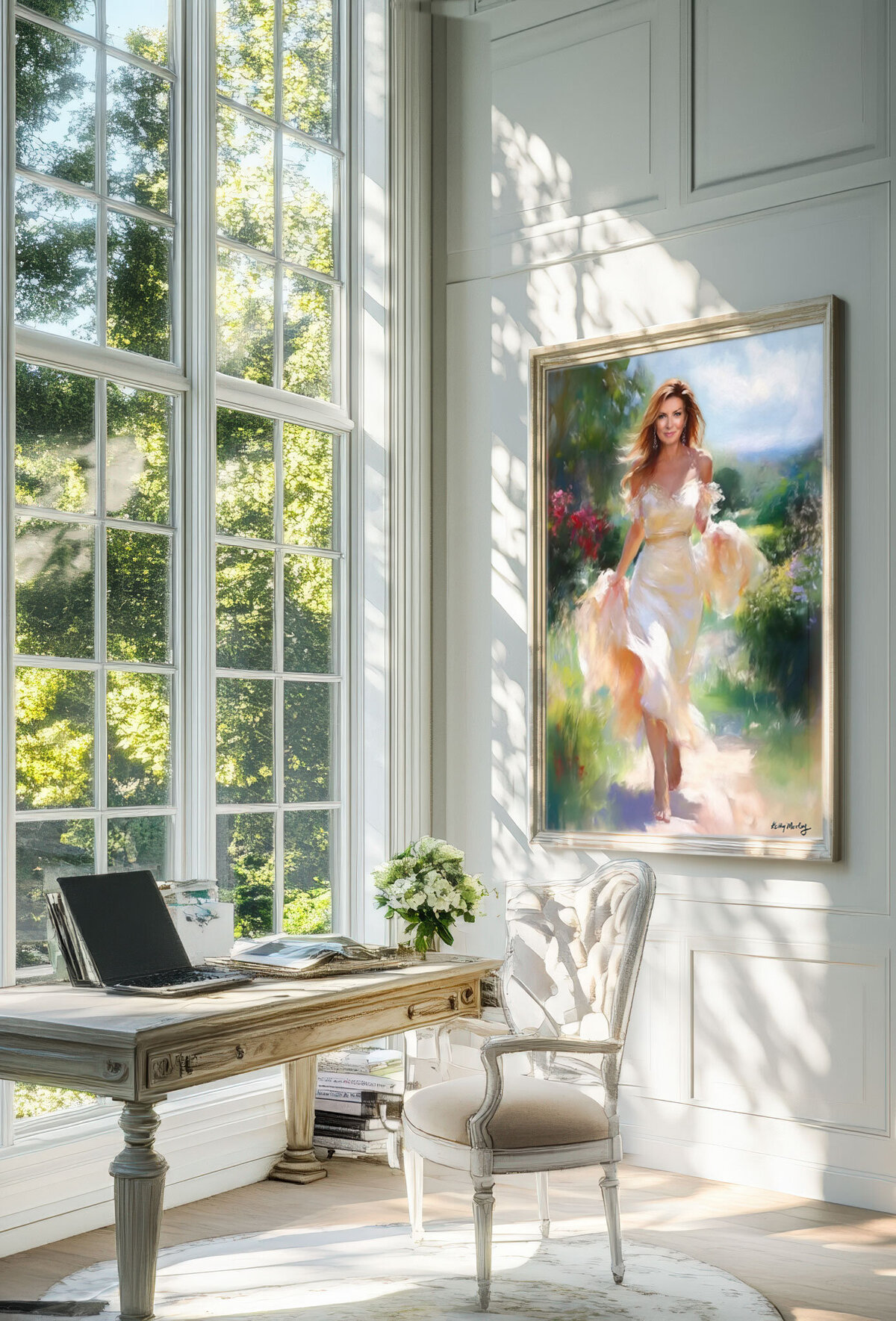 Painting of a beautiful woman walking through a garden