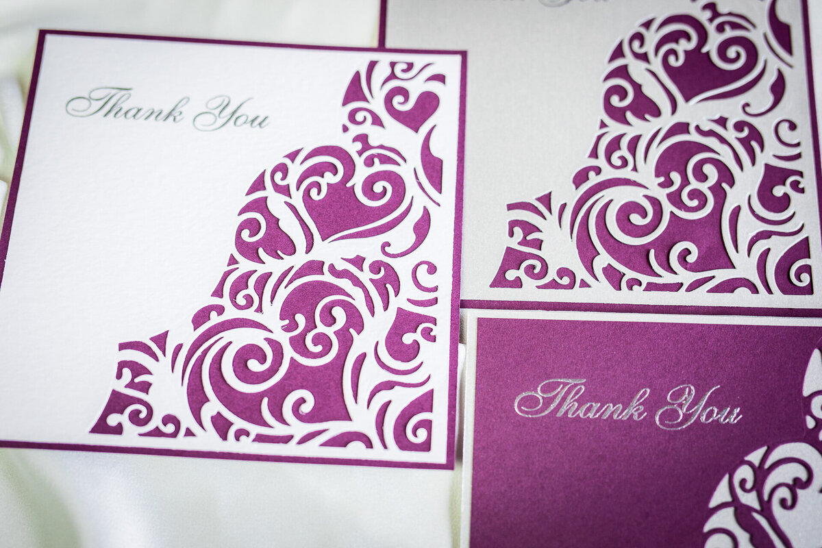 Purple and silver thank you cards with a lacy heart design