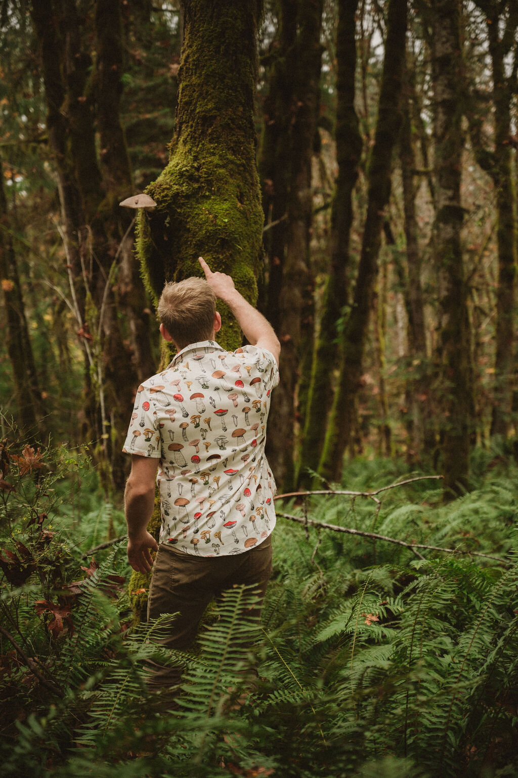 Man pointing at mushroom growing on tree in Port Alberni