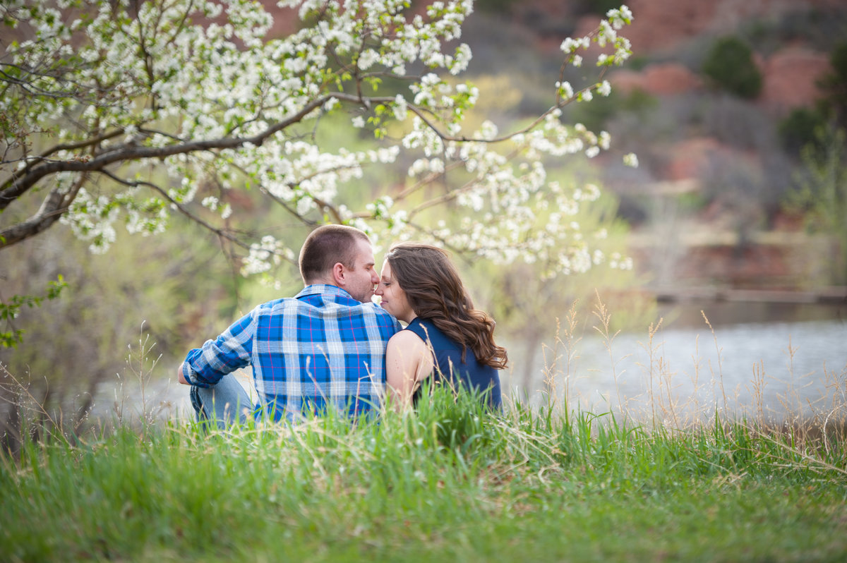 Couple sitting with cherry blossoms