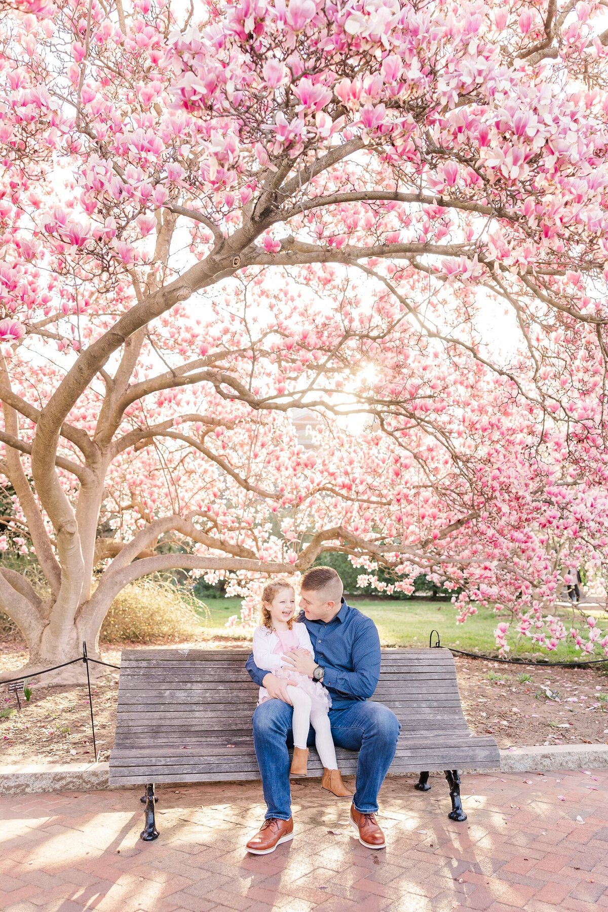 Daddy and daughter sitting on a bench in front of beautiful, glowy magnolia blooms. by Erin Thompson Photography