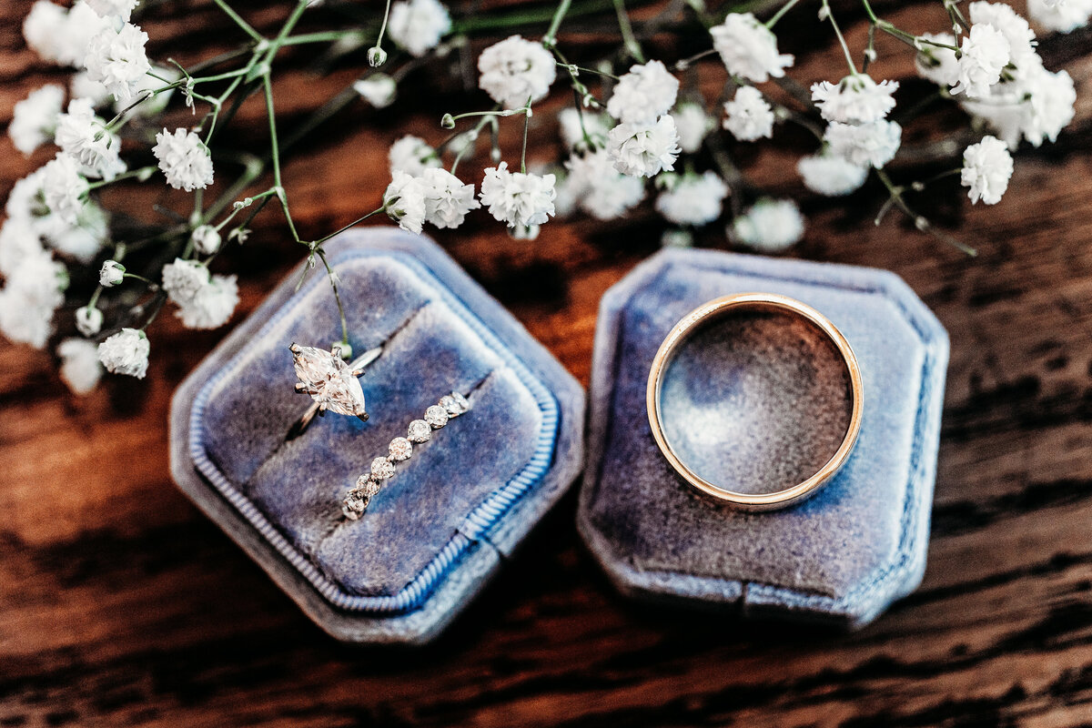 Wedding rings displayed for a detail shot.