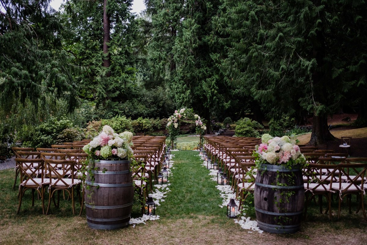 Lovely outdoor garden wedding ceremony space with cafe au lait dahlia's.