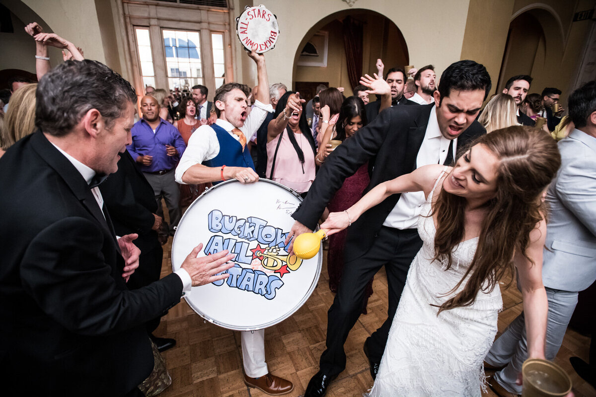 Bride and groom with Bucktown All-Stars at Latrobe's wedding