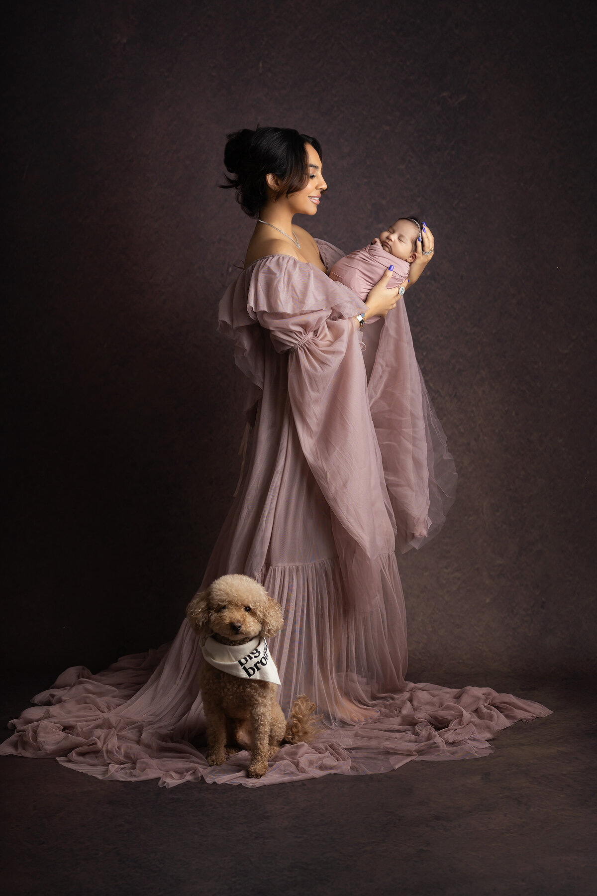 Mother in flowing mauve gown smiling at swaddled newborn baby while the family dog wearing a "Big Brother" bandana sits at her feet, captured by Dallas newborn photographer.