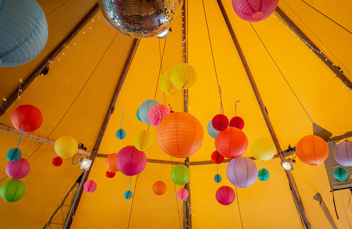 Wedding reception at Green hill Farm, Coloured lanterns in yurt