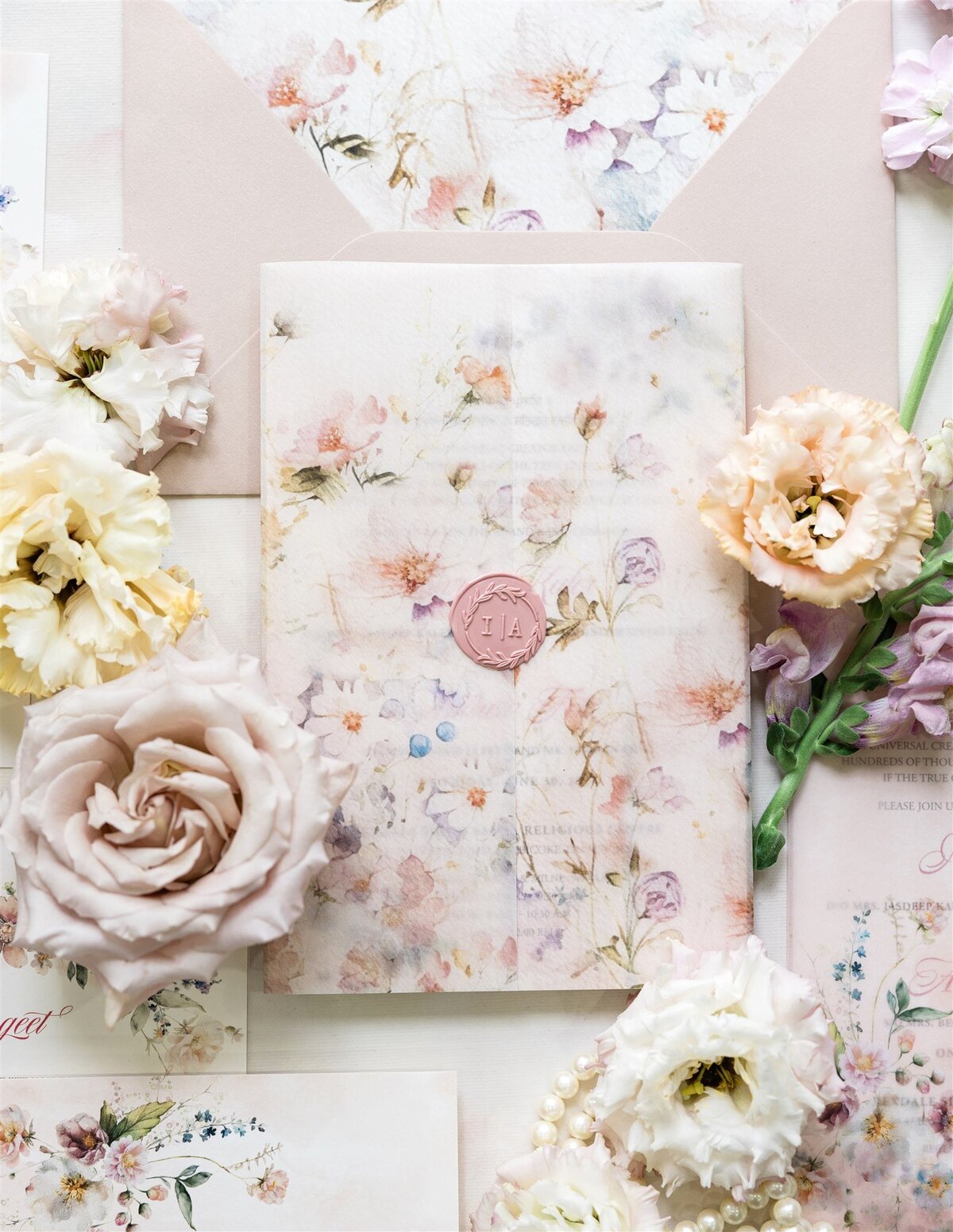 Blush pink delicate florals fusion wedding invitation suite G Designers 2