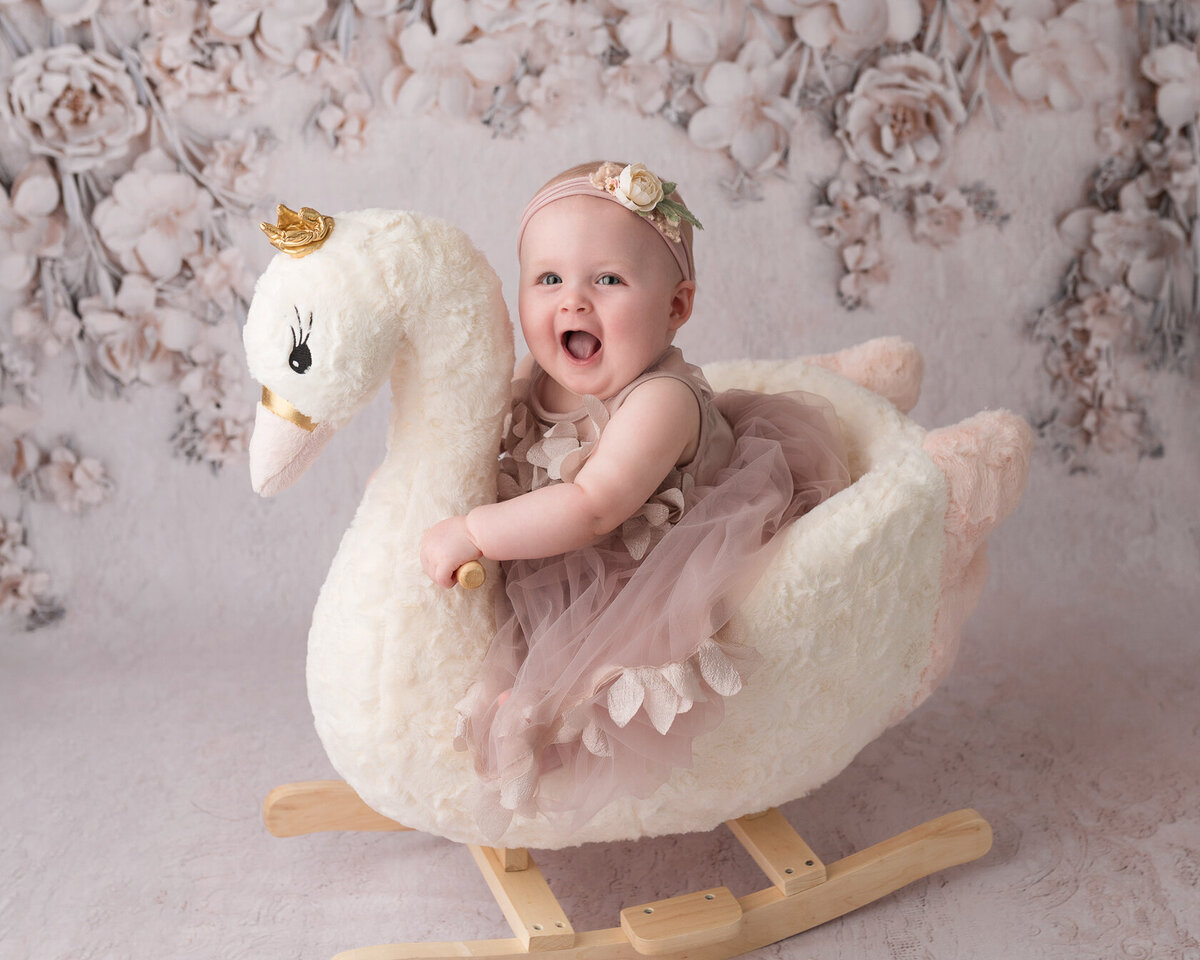 Lovely baby girl in a swan creative photoshoot by Laura King, Houston Photographer