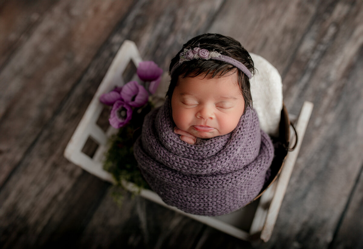 Newborn-white bed-studio-purple flowers