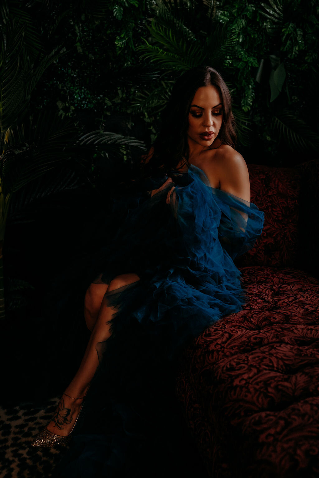 Boudoir photography woman in blue robe on couch Lubbock, Texas Boudoir photographer in Amarillo TX