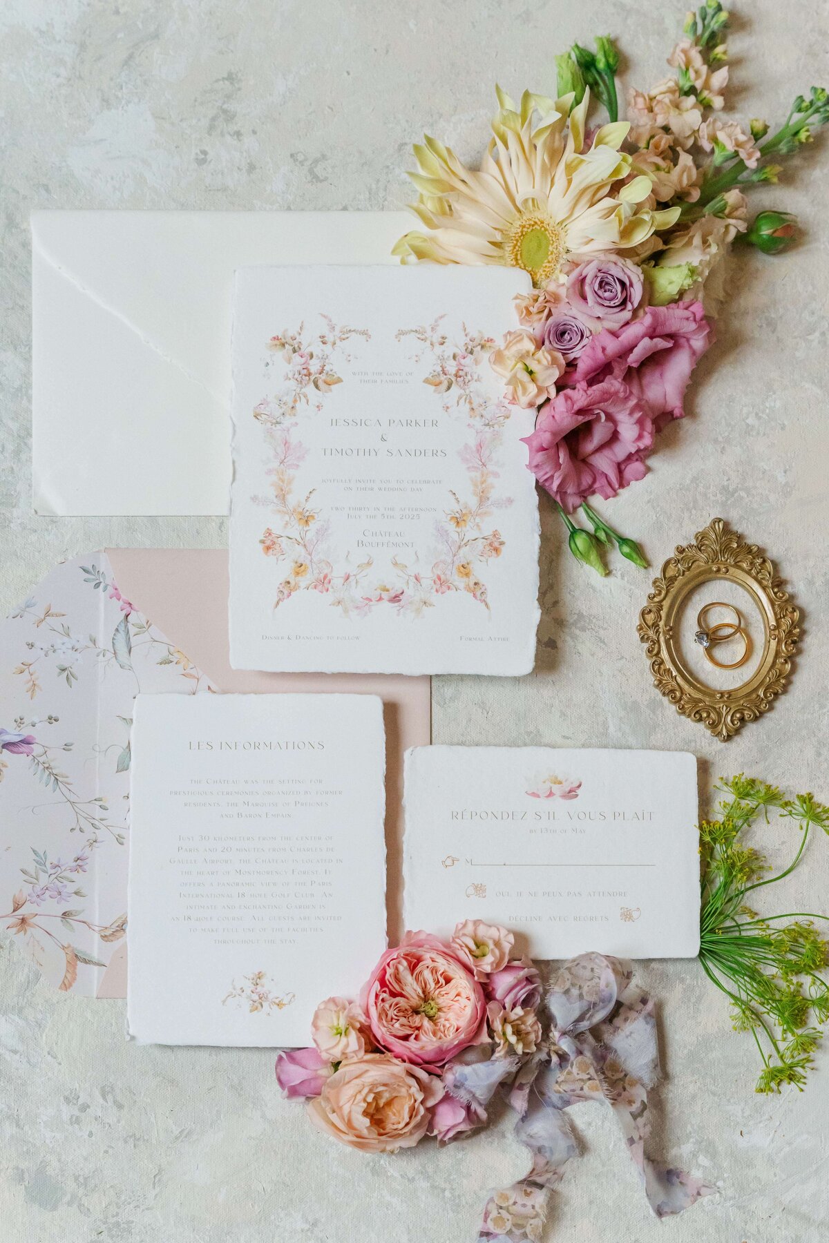 set of invitations for a wedding, with rings and flowers