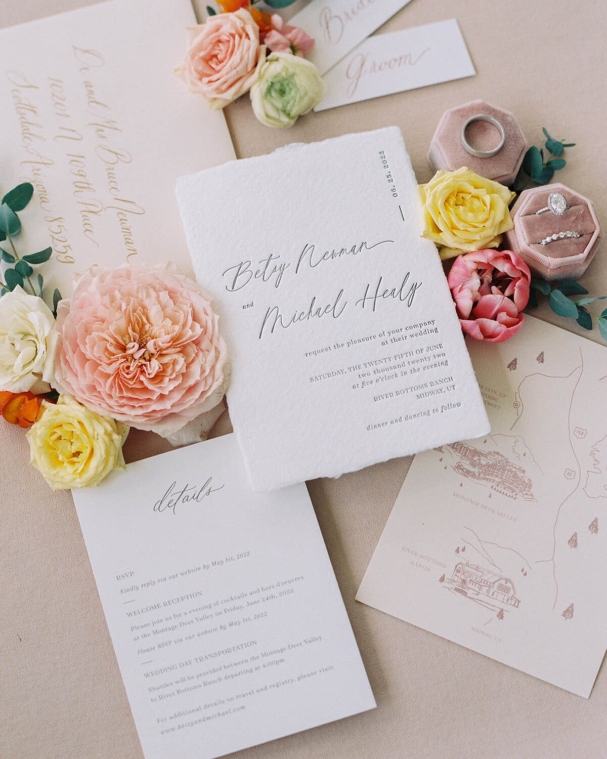 Dominique Alba Studio letterpress on handmade paper invitation suite shades of blush
