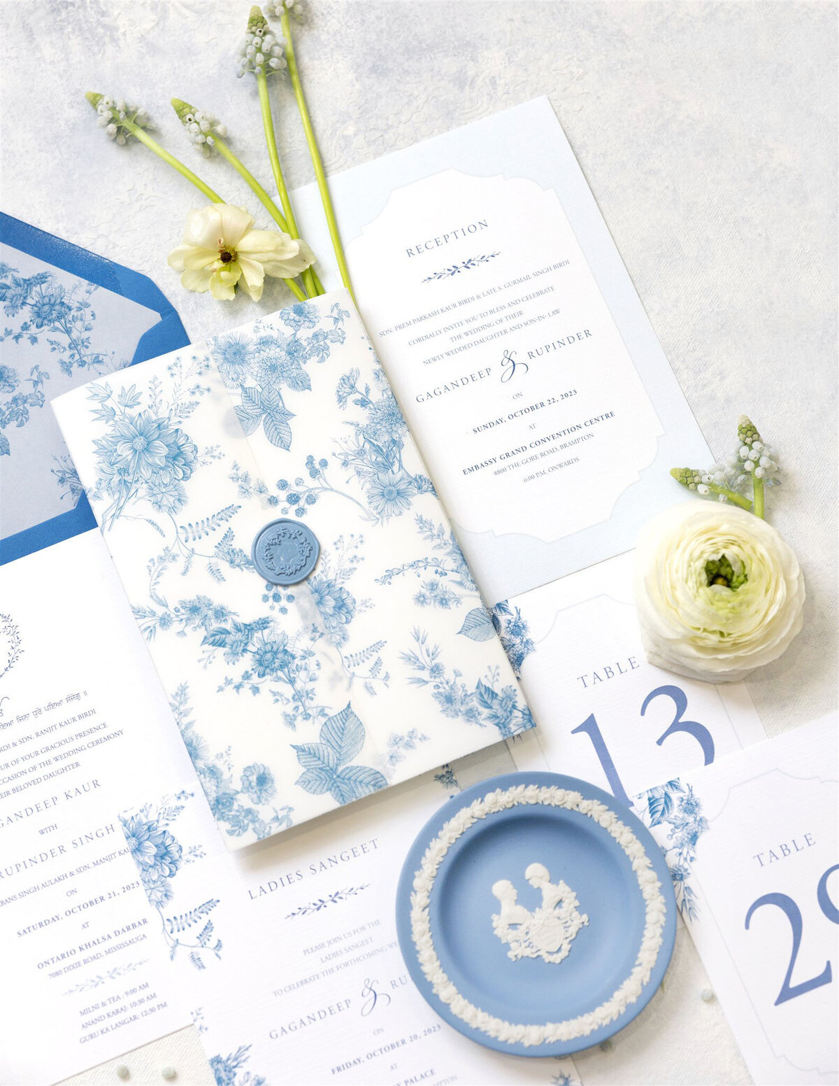 Blue florals Sikh wedding invitation 3