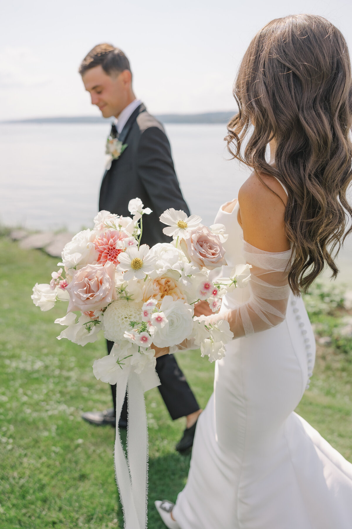 bridal portrait on film bridal bouquet white Hawaiian orchids, peonies daisys bridal gown