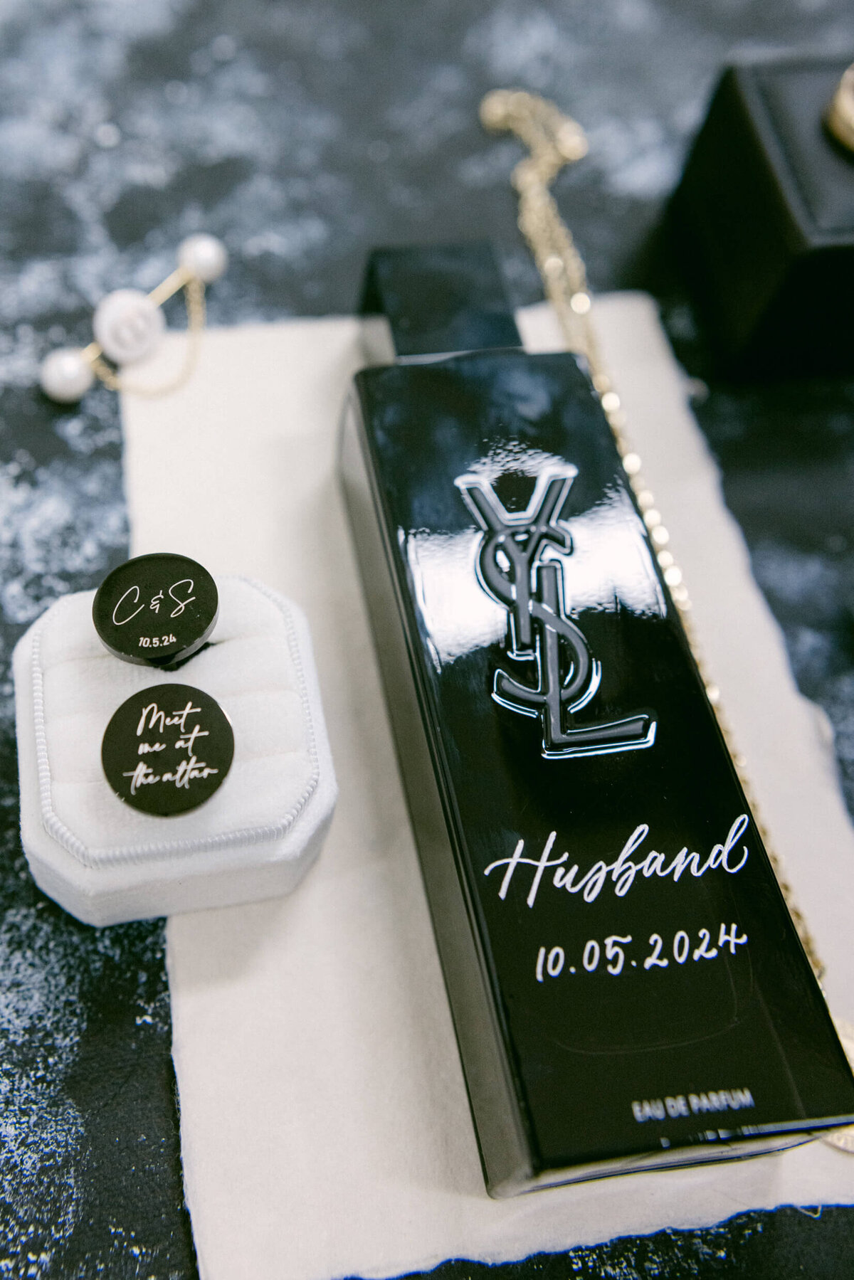 A wedding photo of the grooms fragrance