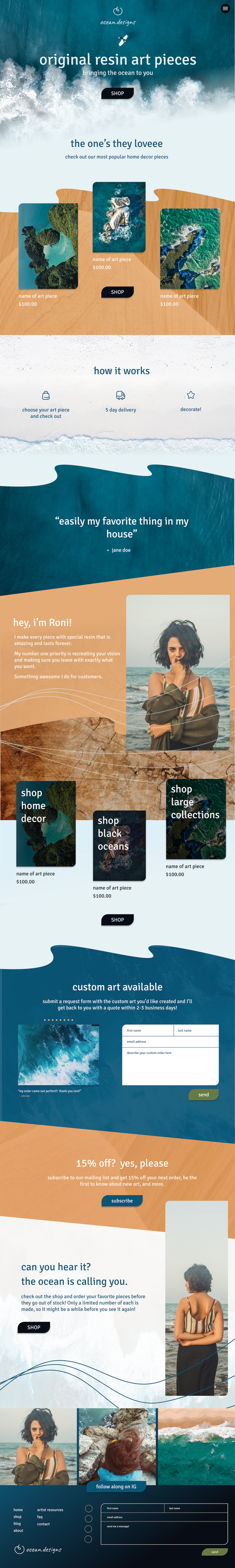 homepage website design for a resin art shop