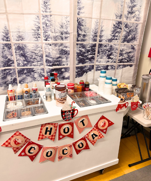 Hot cocoa bar with festive winter decor