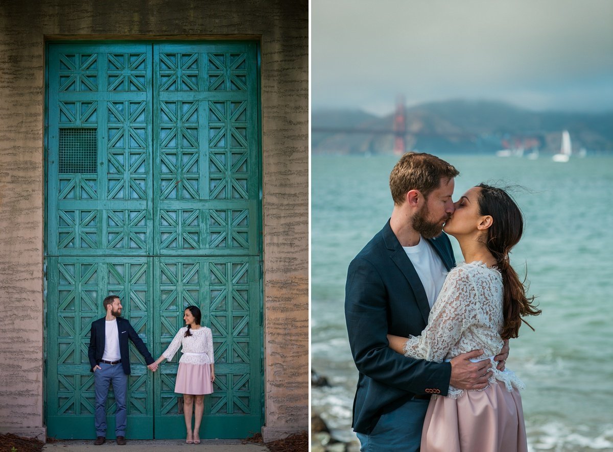 Engaged couple hold hands in front of a large green door and then share a kiss over the ocean waters