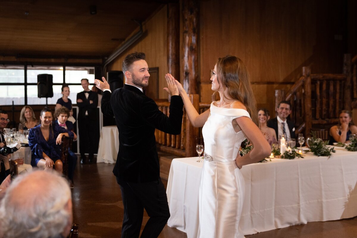 Bride and groom share their first dance at Spruce Mountain Ranch.