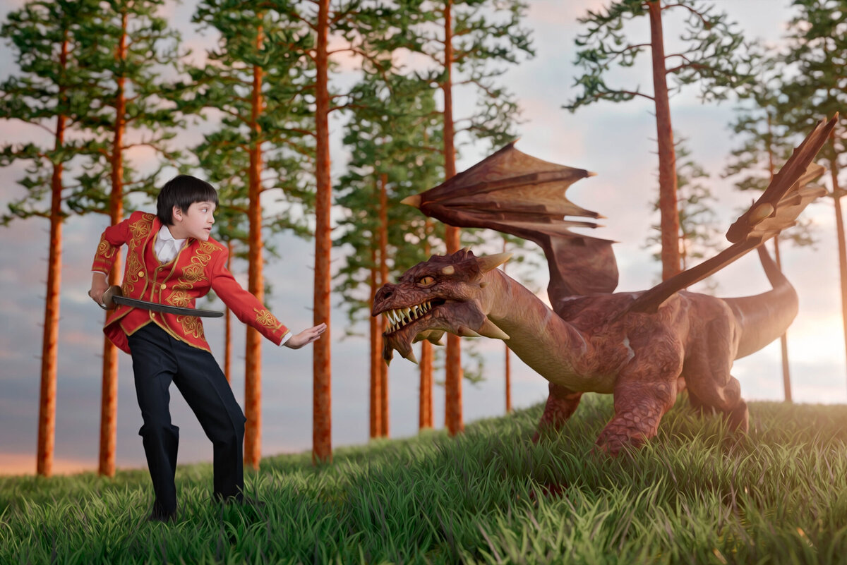 Epic portrait of a young child in a heroic pose, wielding a sword while facing a dragon in a mystical forest. Captured in Overland Park, Kansas, this adventurous and creative setup is perfect for families seeking storybook-inspired child photography