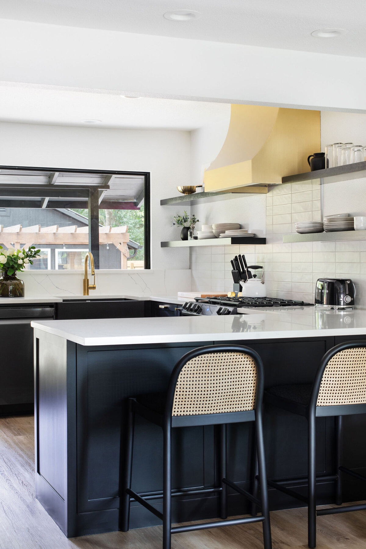 modern chic posh kitchen black and brass remodel rental design 2