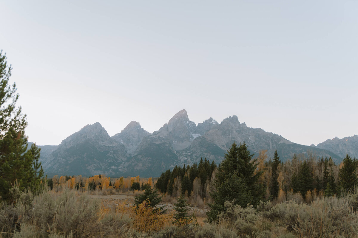 A landscape photo of the Grand Tetons in Grand Teton National Park in Eastern Idaho.
