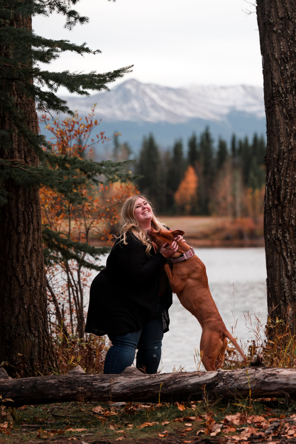 dog jumps up and licks woman