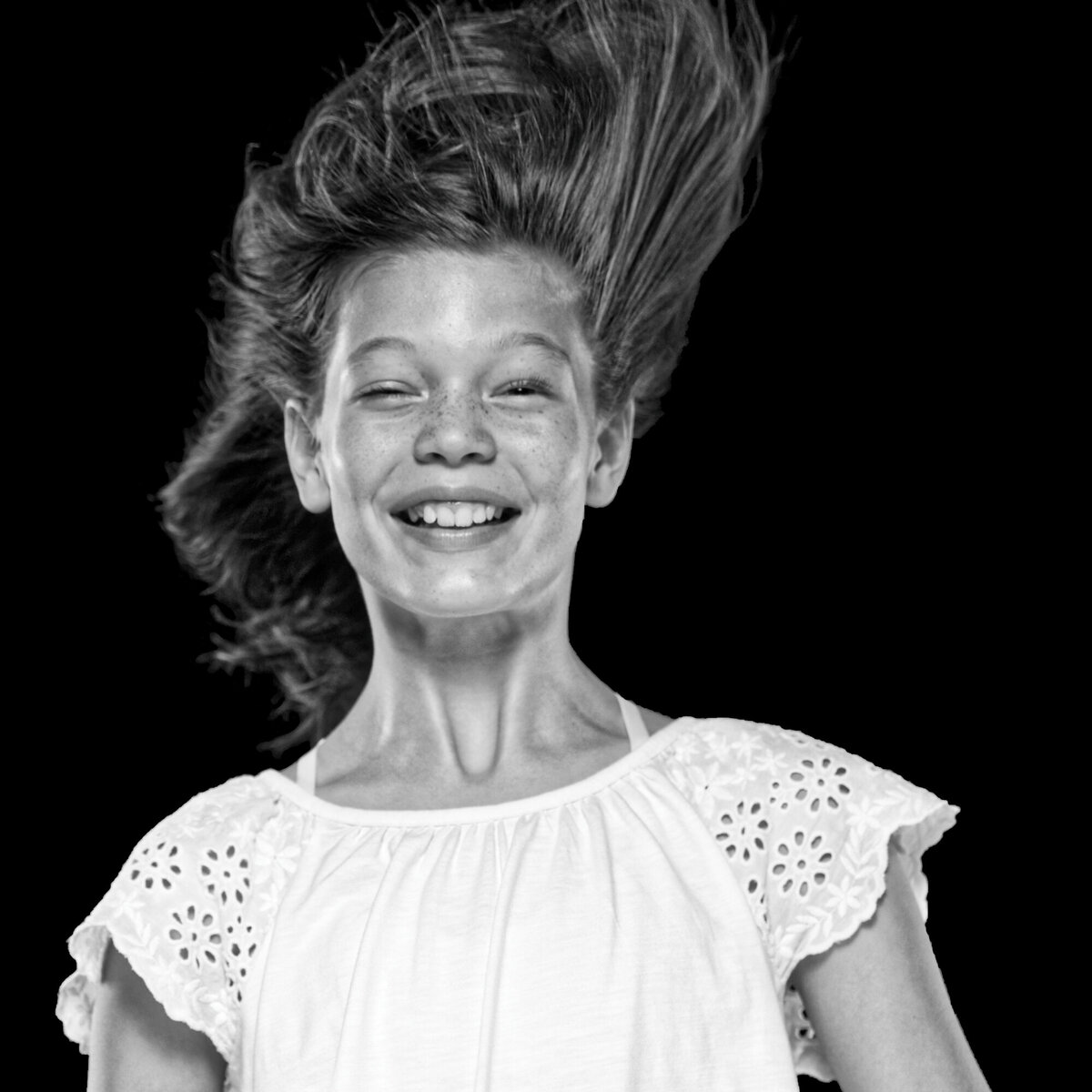 girl with leaf blower hair black white portrait