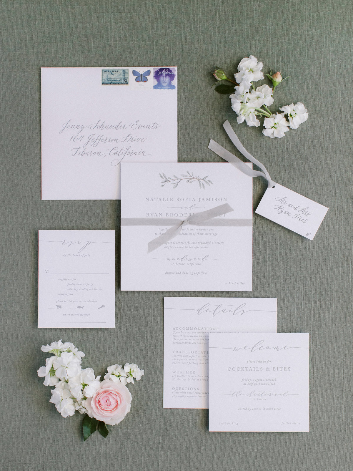 Invitation for wedding by Jenny Schneider Events at Meadowood luxury resort in Saint Helena in Napa Valley, California.